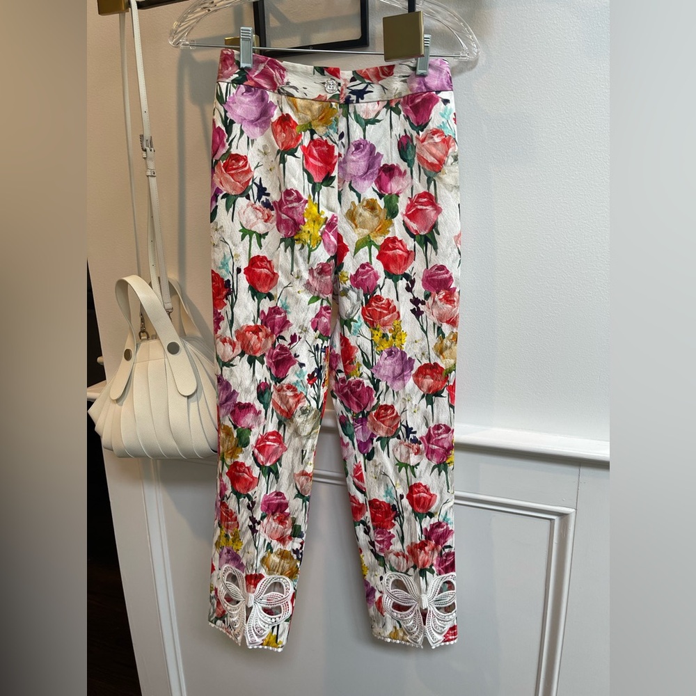 Blumarine Floral Print Pants w/ Lace Bow Hem – Statement Luxury Trousers 38 eu